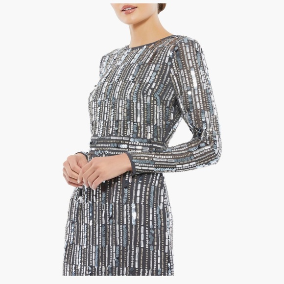 NWT Mac Duggal Midi Sequined Embellished High Neck Long Sleeve Fitted Dress - Picture 2 of 7